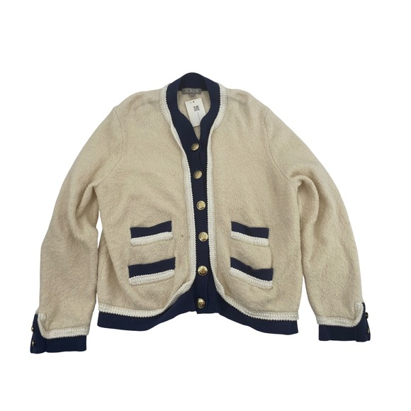J. Crew Sweaters - J.Crew Cardigan Sweater Large Beige Excellent Gold Crest Buttons Boucle Trim